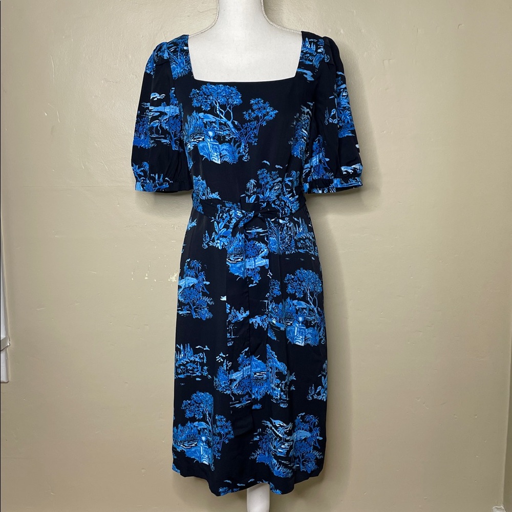 ANN TAYLOR Petite Blue & Black Floral Toile Square NIGHT SKY MIDI Dress 6P - Picture 15 of 15